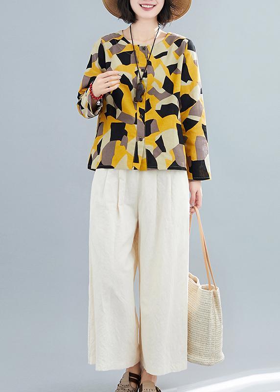 French O Neck Button Down Shirts Inspiration Yellow Geometric Top - Omychic