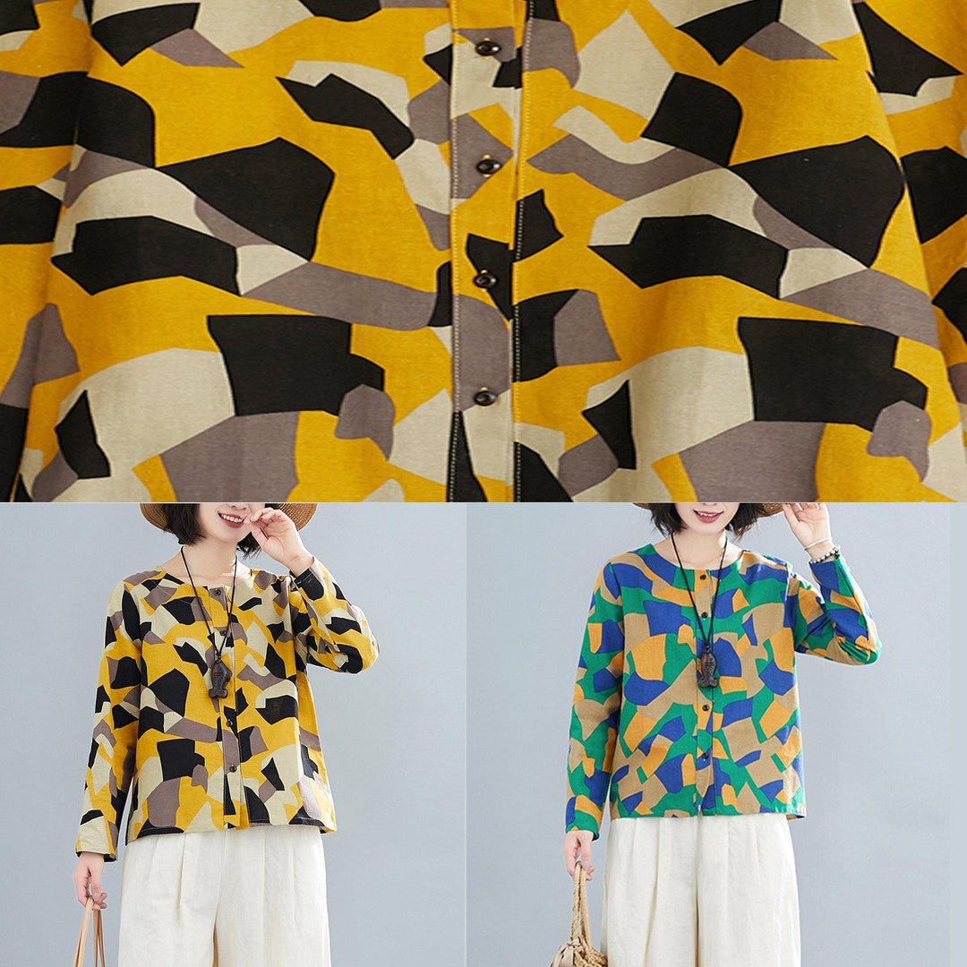 French O Neck Button Down Shirts Inspiration Yellow Geometric Top - Omychic