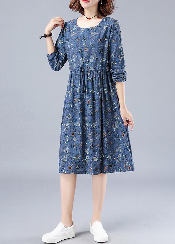 French O Neck Drawstring Spring Dresses Wardrobes Blue Print Dress - Omychic