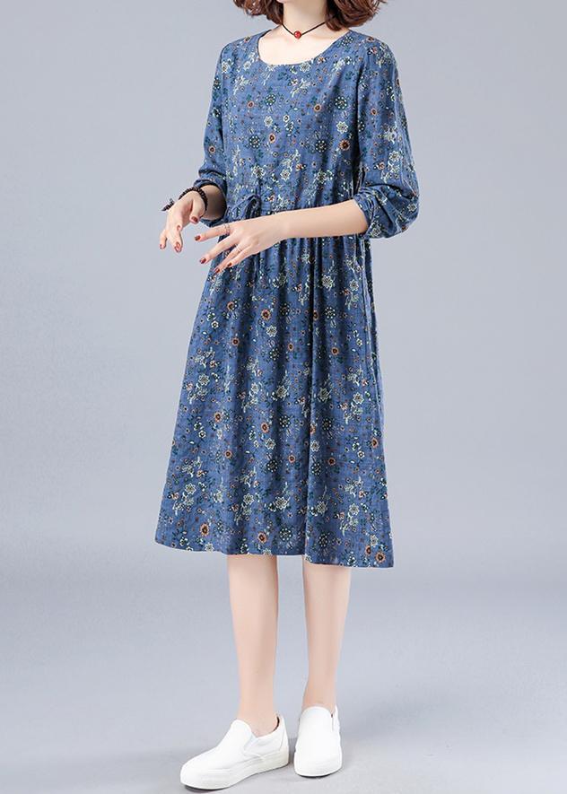 French O Neck Drawstring Spring Dresses Wardrobes Blue Print Dress - Omychic