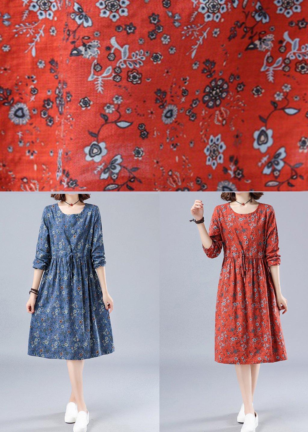 French O Neck Drawstring Spring Dresses Wardrobes Blue Print Dress - Omychic