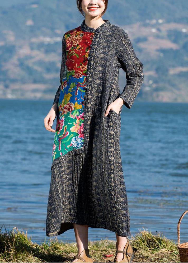French O Neck Patchwork Spring Dresses Sewing Print Long Dress - Omychic