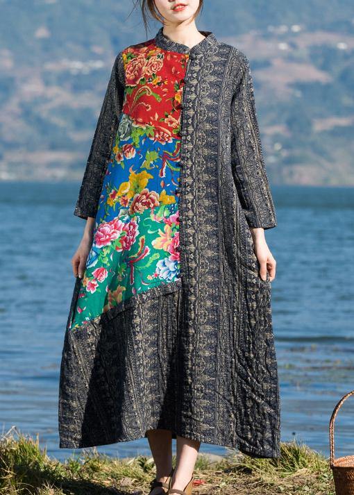 French O Neck Patchwork Spring Dresses Sewing Print Long Dress - Omychic