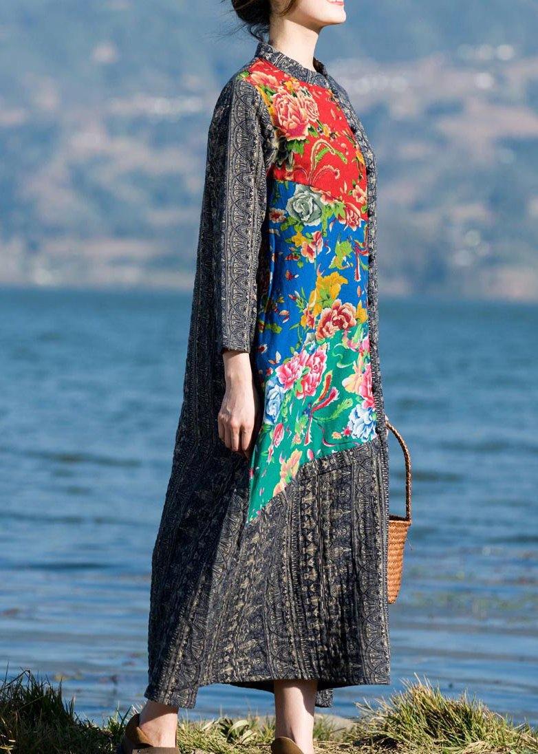 French O Neck Patchwork Spring Dresses Sewing Print Long Dress - Omychic