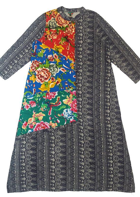 French O Neck Patchwork Spring Dresses Sewing Print Long Dress - Omychic