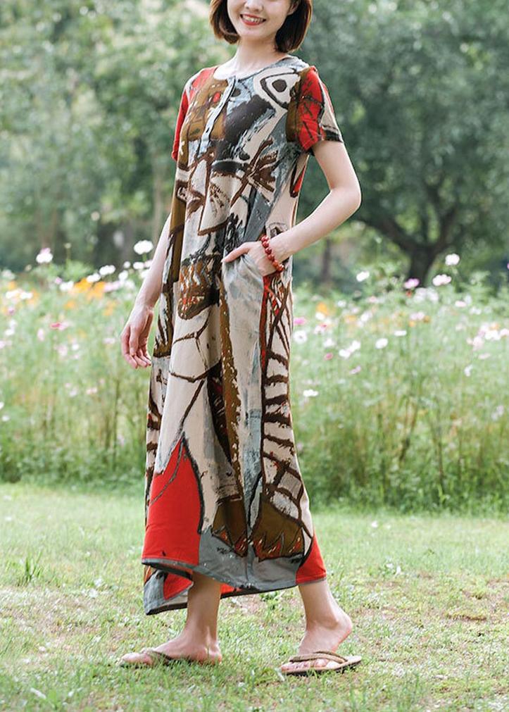 French O Neck Pockets Tunics Red Print Traveling Dress - Omychic