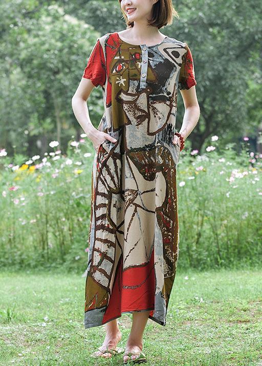 French O Neck Pockets Tunics Red Print Traveling Dress - Omychic