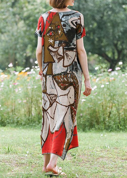 French O Neck Pockets Tunics Red Print Traveling Dress - Omychic
