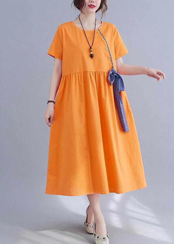 French Orange Patchwork Button Party Summer Cotton Linen Dress - Omychic