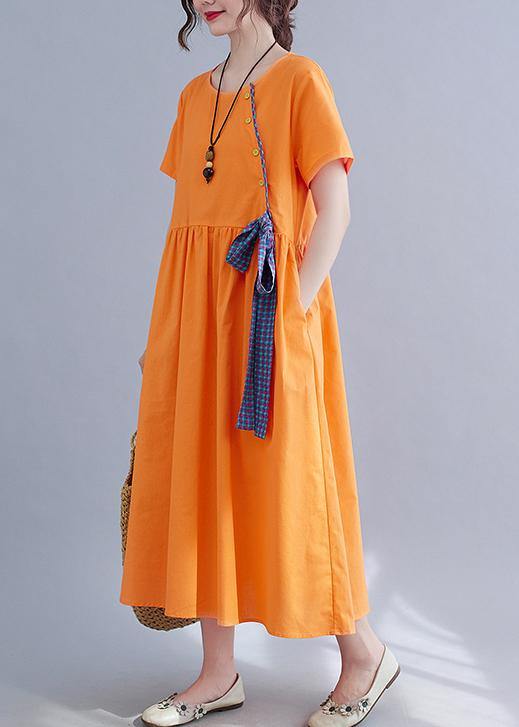 French Orange Patchwork Button Party Summer Cotton Linen Dress - Omychic