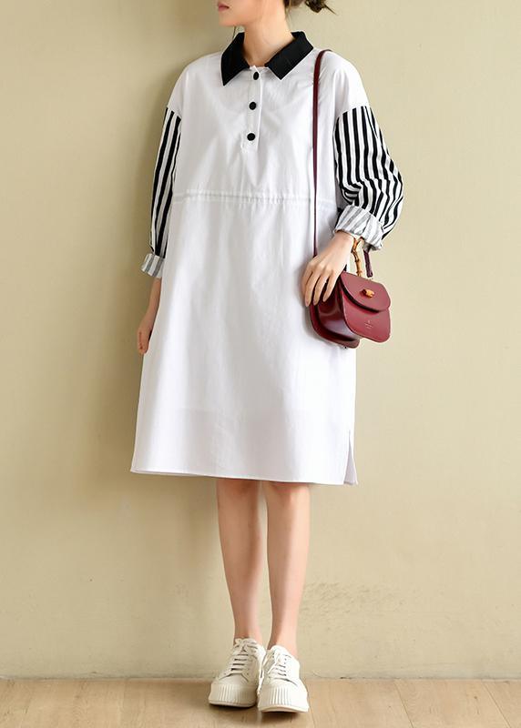 French Peter Pan Collar Striped Dresses Big Hem Cotton Dress - Omychic