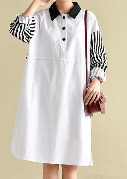French Peter Pan Collar Striped Dresses Big Hem Cotton Dress - Omychic