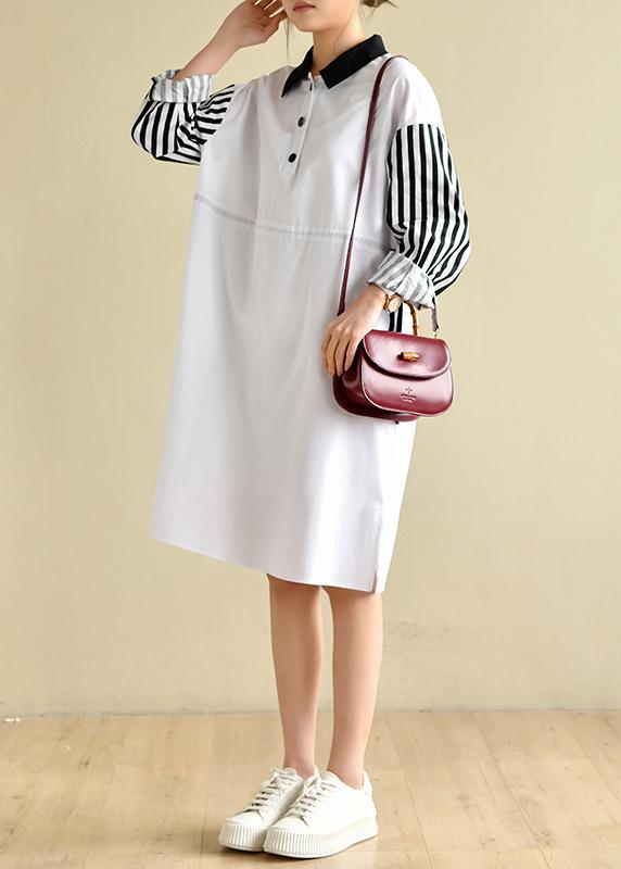French Peter Pan Collar Striped Dresses Big Hem Cotton Dress - Omychic