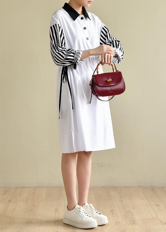 French Peter Pan Collar Striped Dresses Big Hem Cotton Dress - Omychic
