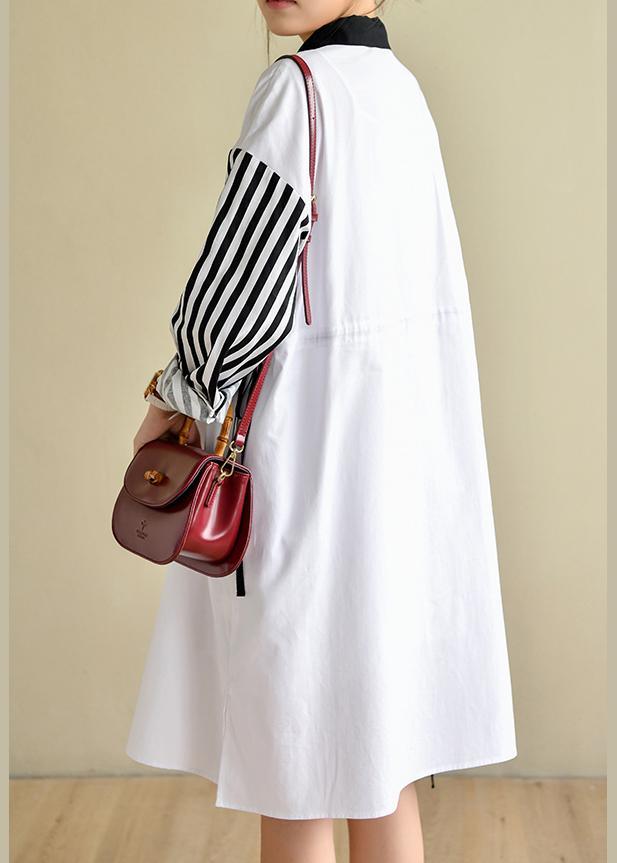 French Peter Pan Collar Striped Dresses Big Hem Cotton Dress - Omychic