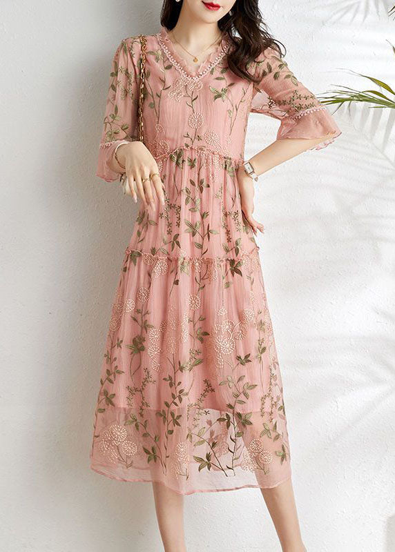 French Pink Embroidered Patchwork Wrinkled Tulle Dress Summer
