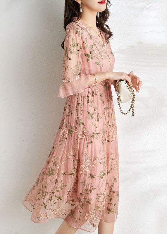 French Pink Embroidered Patchwork Wrinkled Tulle Dress Summer