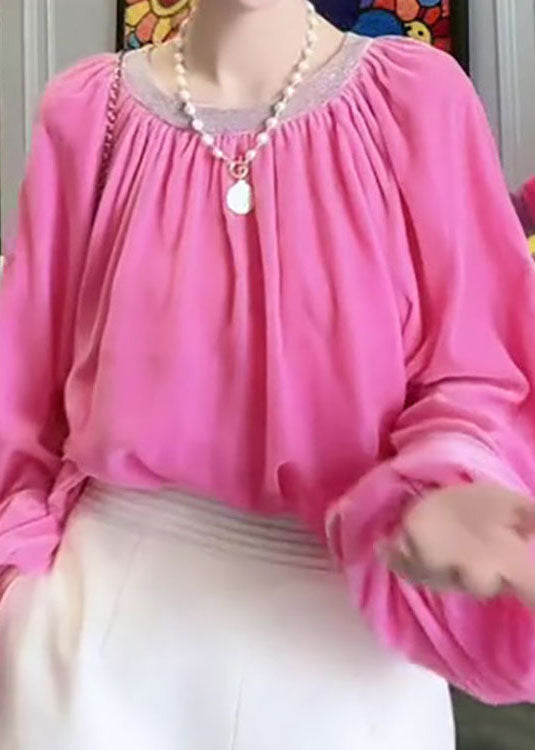 French Pink O Neck Wrinkled Patchwork Velour Shirt Tops Spring