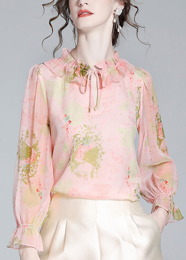 French Pink Ruffled Print Neck Tie Silk Shirts Spring