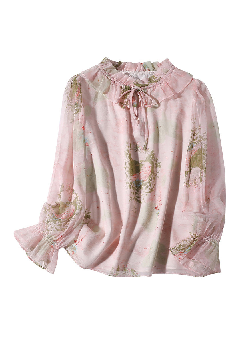 French Pink Ruffled Print Neck Tie Silk Shirts Spring