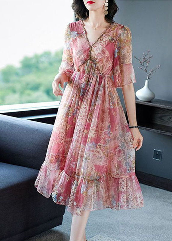 Pink Printed Chiffon Fit And Flare One Piece Dress