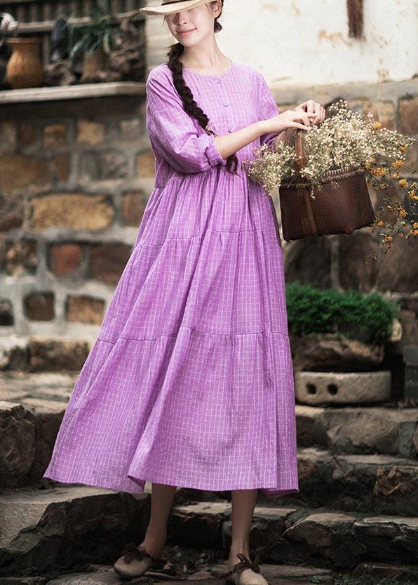 French Purple Plaid Clothes O Neck Patchwork Maxi Spring Dresses - Omychic