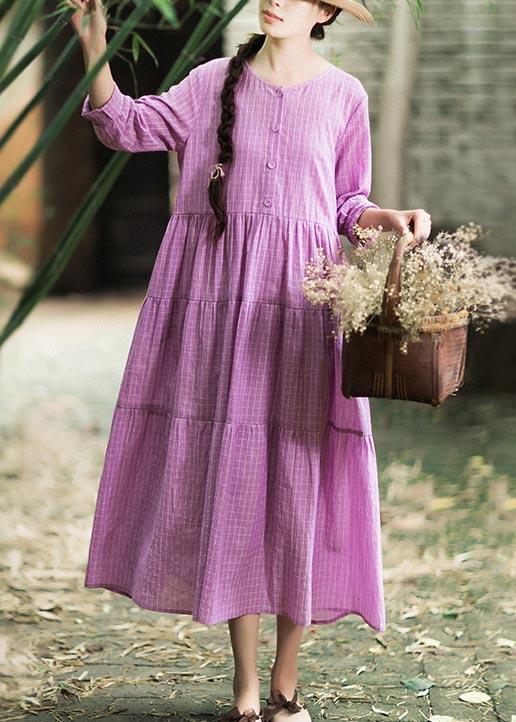 French Purple Plaid Clothes O Neck Patchwork Maxi Spring Dresses - Omychic
