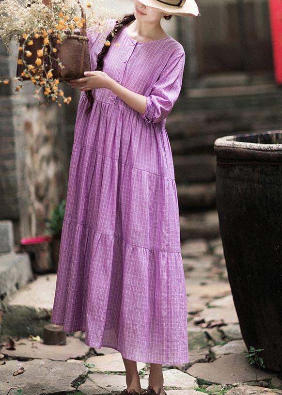 French Purple Plaid Clothes O Neck Patchwork Maxi Spring Dresses - Omychic