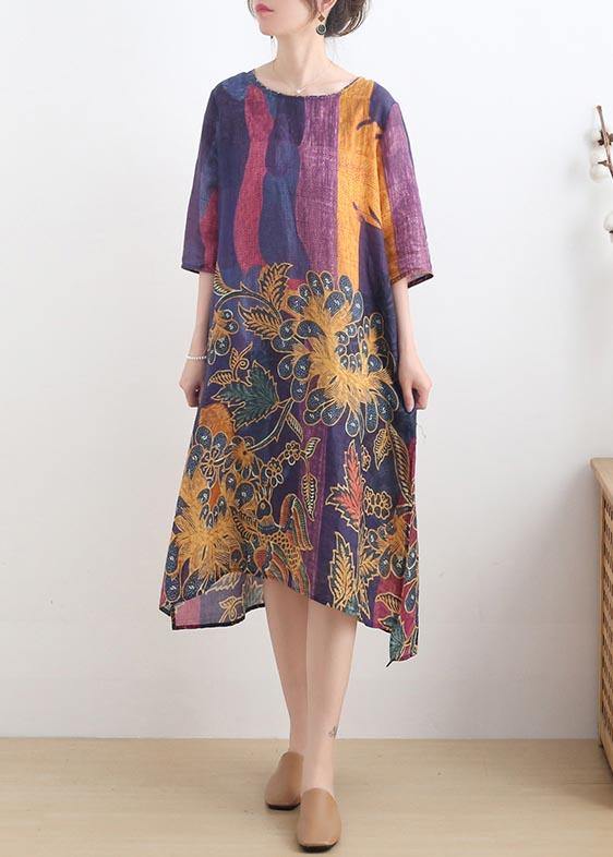 French Purple Print side open Summer Linen Dress - Omychic