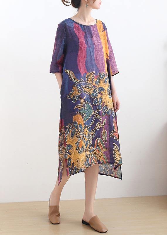 French Purple Print side open Summer Linen Dress - Omychic