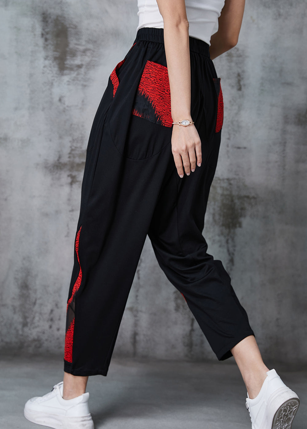 French Red Oversized Patchwork Cotton Harem Pants Spring