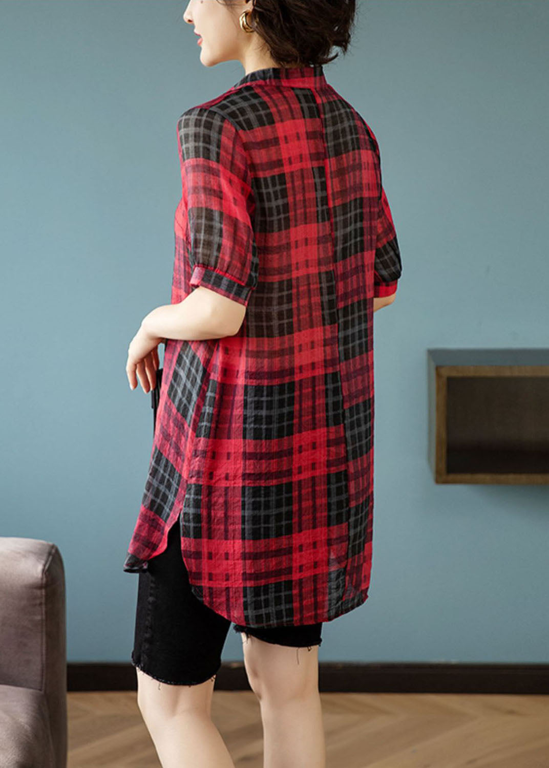 French Red V Neck Plaid Rivet Patchwork Cotton Shirts Summer