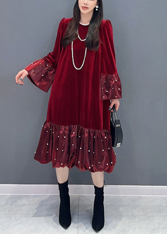 French Red Wrinkled Zircon Patchwork Silk Velvet Dress Spring