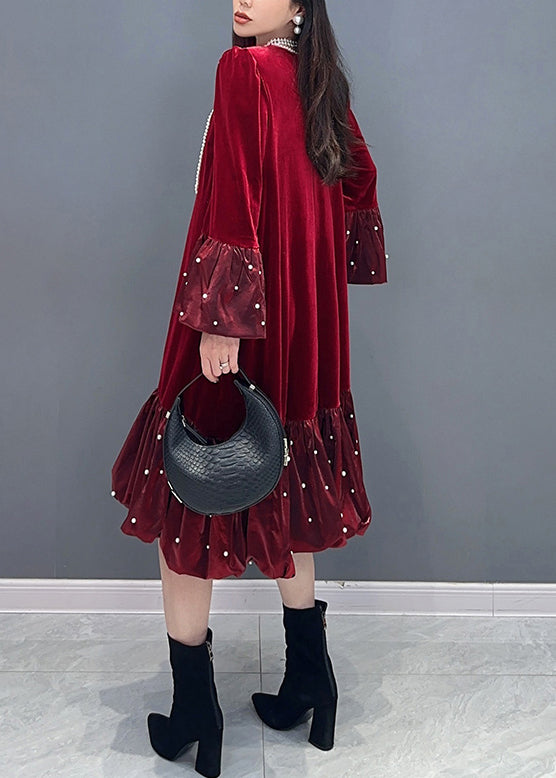 French Red Wrinkled Zircon Patchwork Silk Velvet Dress Spring