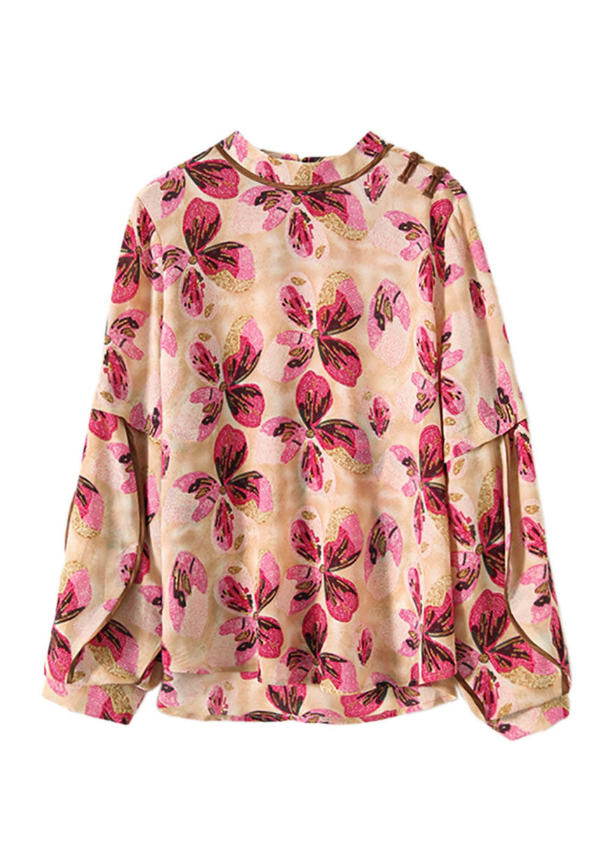French Red button Stand Collar print Patchwork Chiffon Shirt Tops Spring