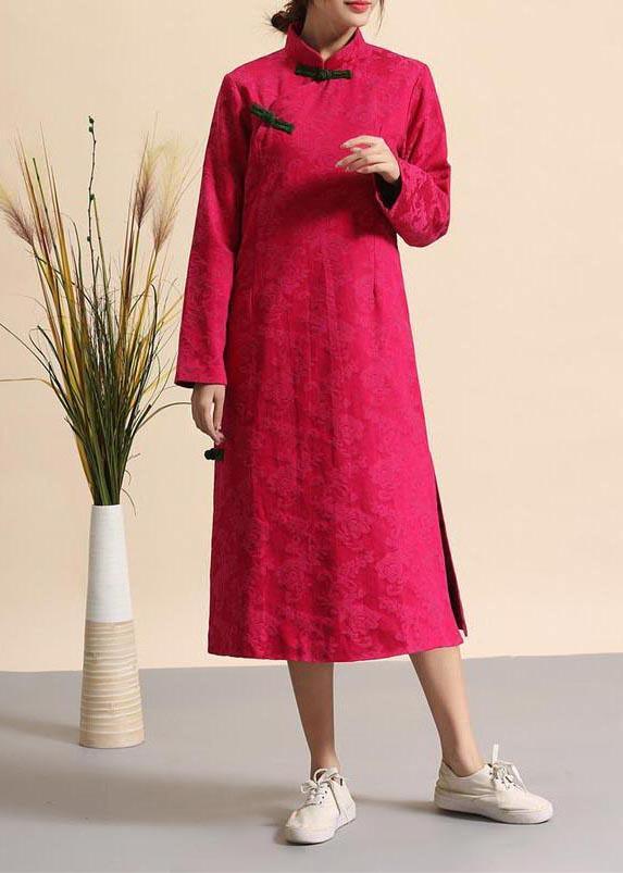 French Rose Clothes Women Stand Collar Chinese Button Kaftan Spring Dresses - Omychic