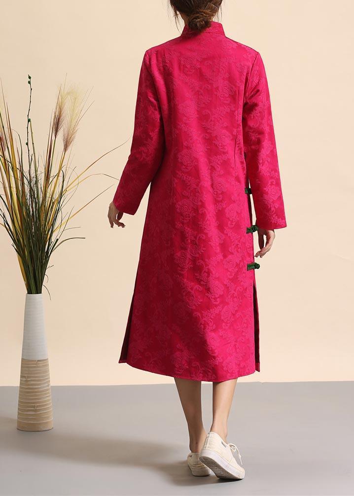 French Rose Clothes Women Stand Collar Chinese Button Kaftan Spring Dresses - Omychic
