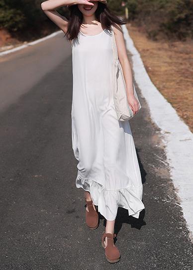 French Sleeveless Ruffles Wardrobes Tutorials White Loose Dresses - Omychic