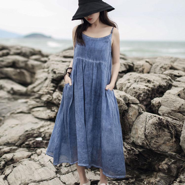 French Spaghetti Strap Pockets Linen Dress Catwalk Blue Dresses Summer ( Limited Stock) - Omychic