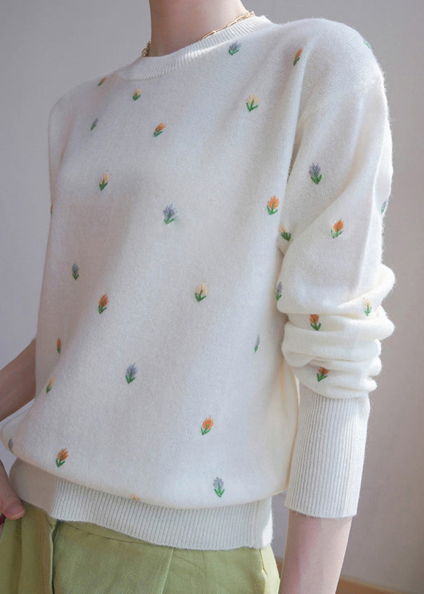 French White O Neck Embroideried Knit Sweater Fall