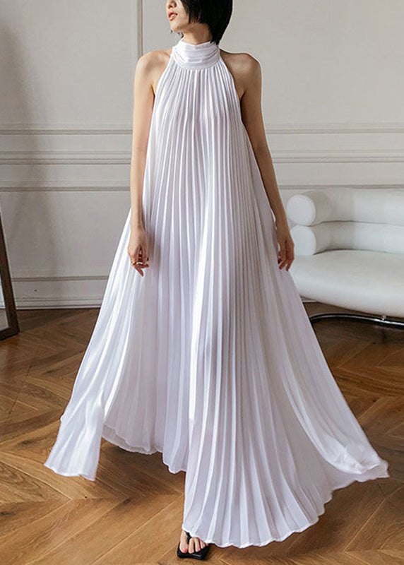 French White Turtleneck Solid Chiffon Long Holiday Pleated Dress Sleeveless