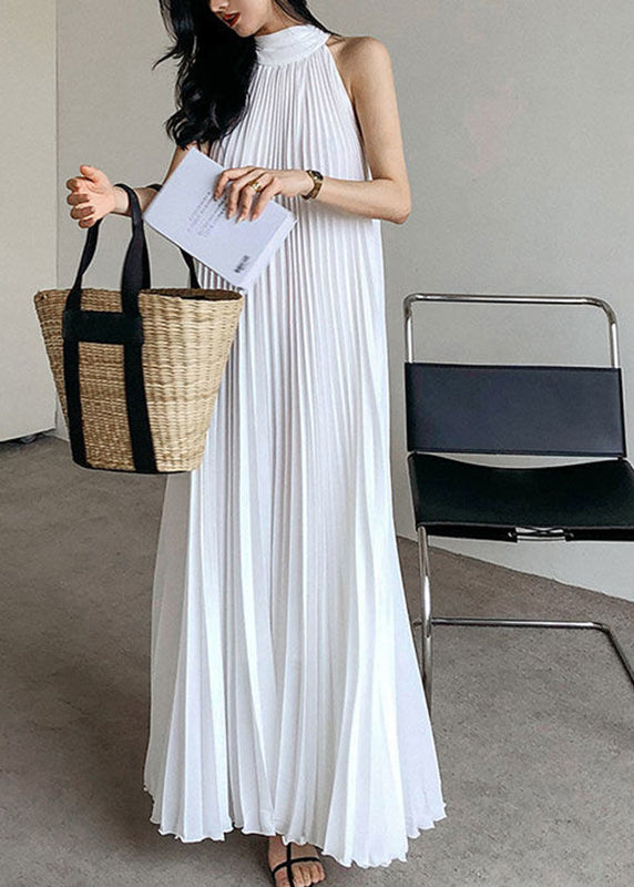 French White Turtleneck Solid Chiffon Long Holiday Pleated Dress Sleeveless