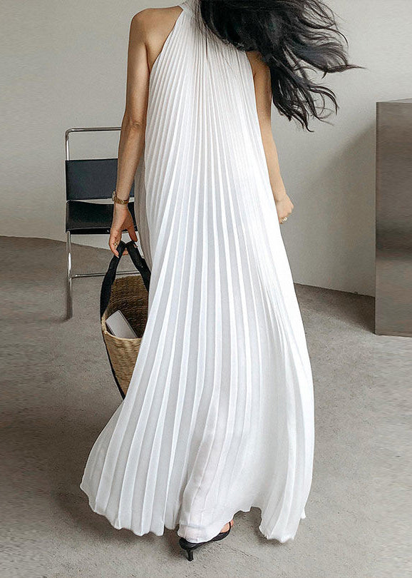 French White Turtleneck Solid Chiffon Long Holiday Pleated Dress Sleeveless