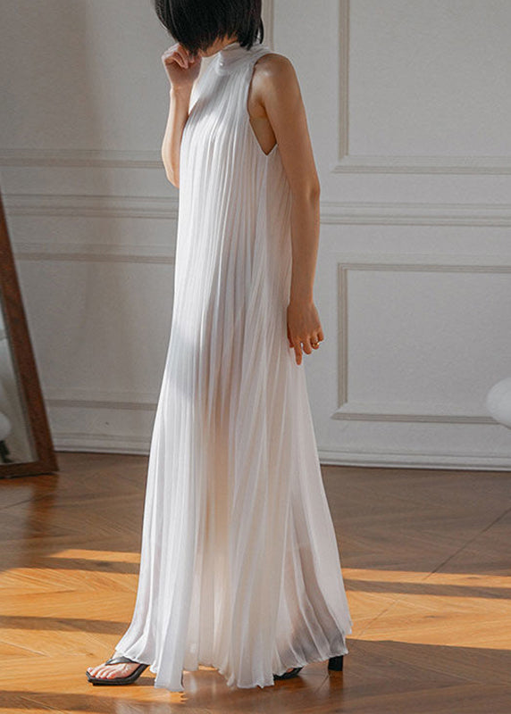 French White Turtleneck Solid Chiffon Long Holiday Pleated Dress Sleeveless