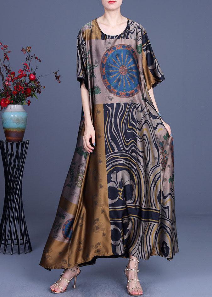 French Yellow Print Silk O-Neck Summer Long Dress - Omychic