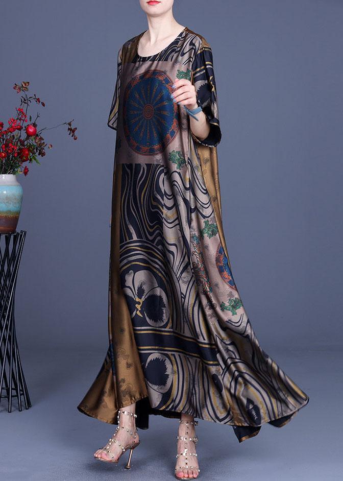 French Yellow Print Silk O-Neck Summer Long Dress - Omychic