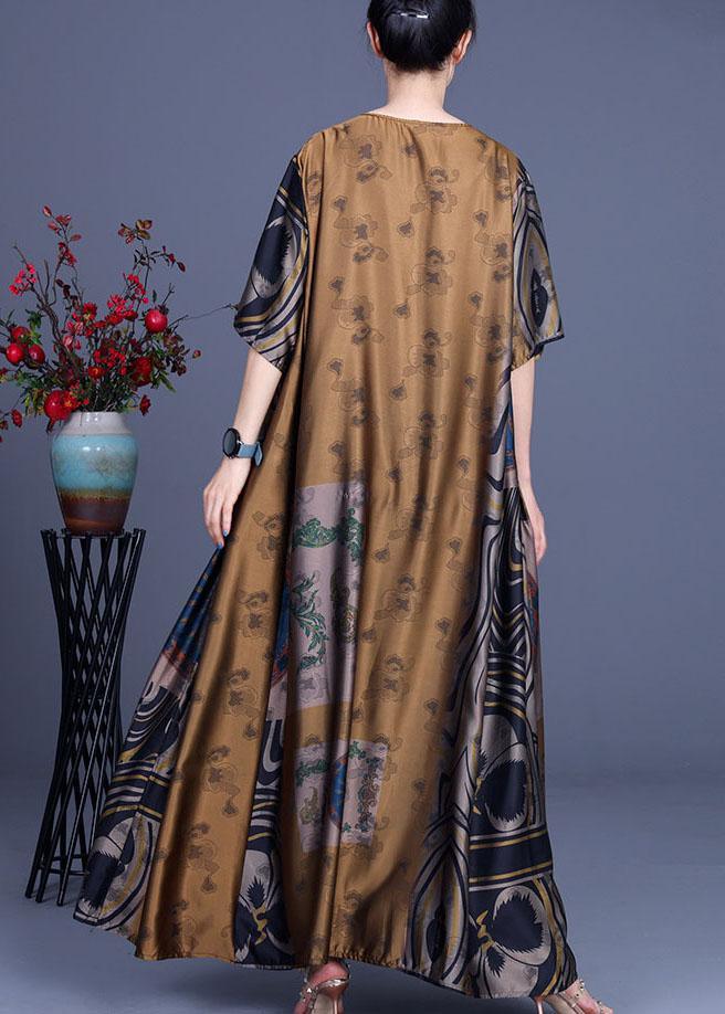 French Yellow Print Silk O-Neck Summer Long Dress - Omychic