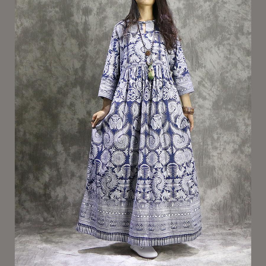 French prints linen cotton clothes For Women plus size Neckline blue Maxi Dress summer - Omychic