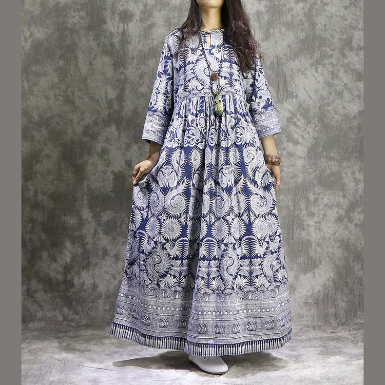 French prints linen cotton clothes For Women plus size Neckline blue Maxi Dress summer - Omychic
