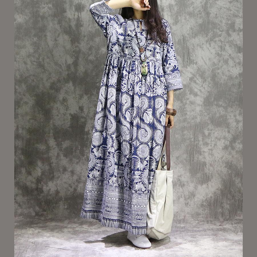 French prints linen cotton clothes For Women plus size Neckline blue Maxi Dress summer - Omychic